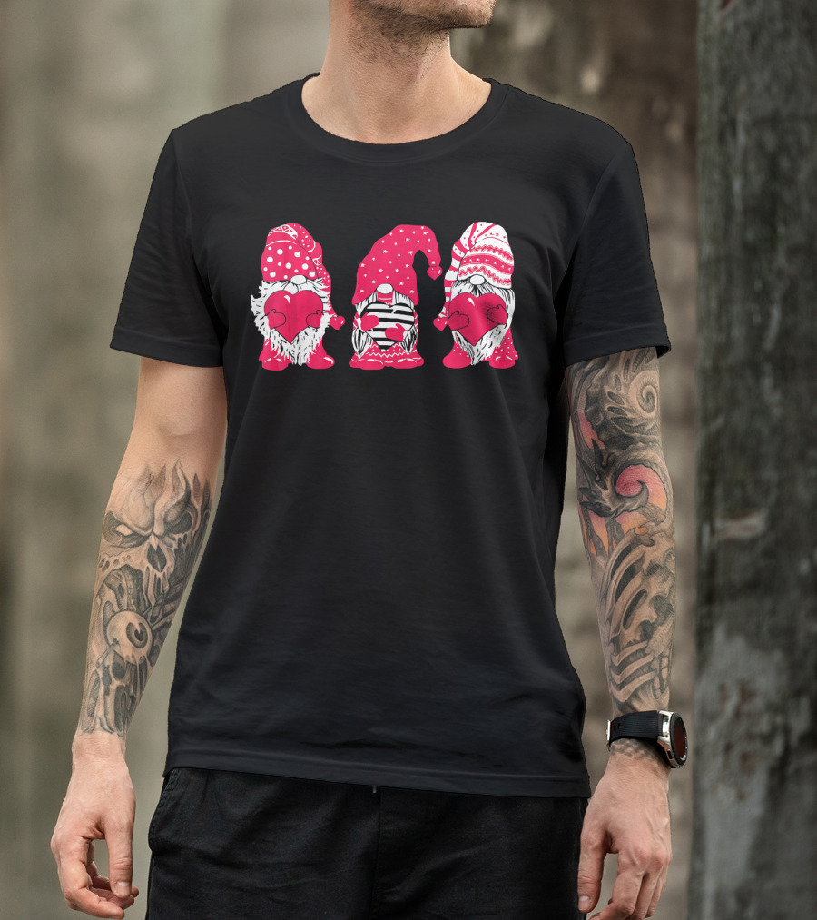 Three Pink Gnomes Holding Love Hearts Valentine T-Shirt