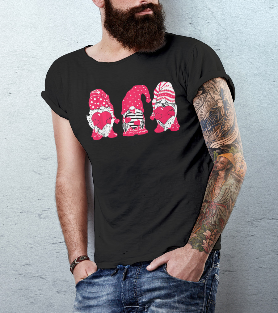Three Pink Gnomes Holding Love Hearts Valentine T-Shirt
