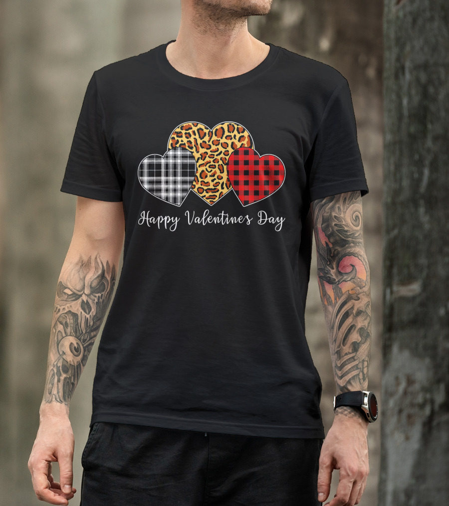 Happy Valentine's Day Three Hearts Leopard Buffalo Plaid T-Shirt