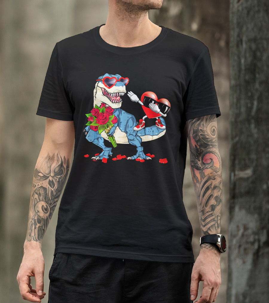 T Rex Dinosaur Heart Sunglasses Rose Bouquet Valentine Dabbing T-Shirt