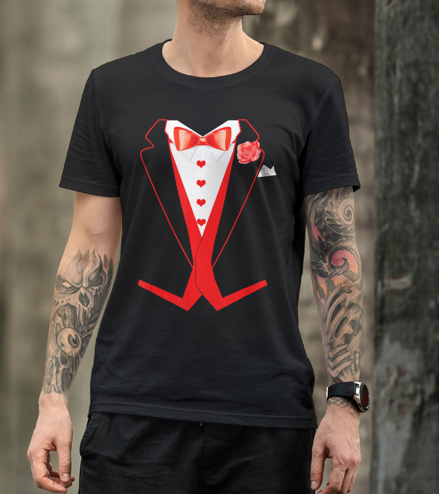 Tuxedo Red Hearts Cool Funny Valentines Bow Tie Rose T-Shirt