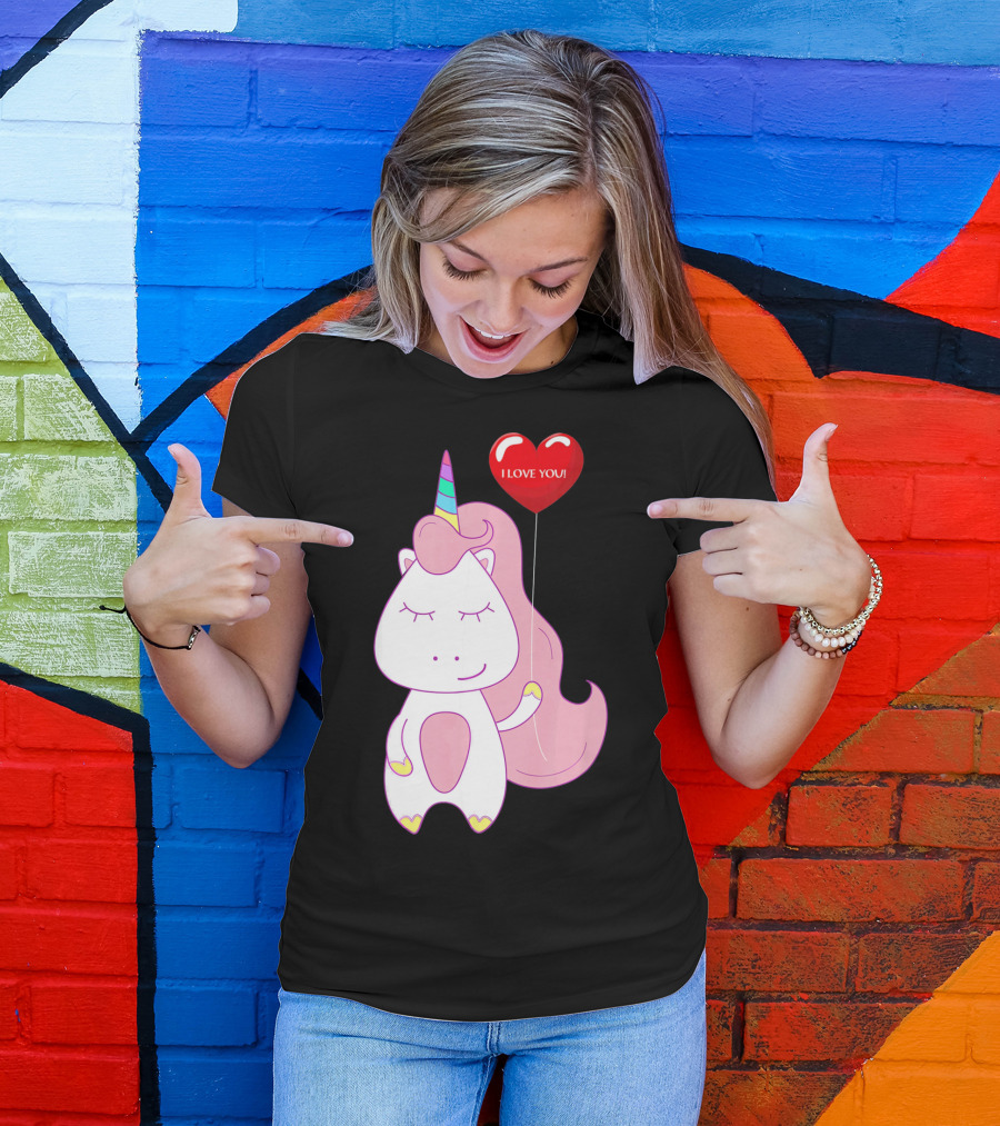 Unicorn Holding Heart Balloon With I Love You Message Valentine T-Shirt