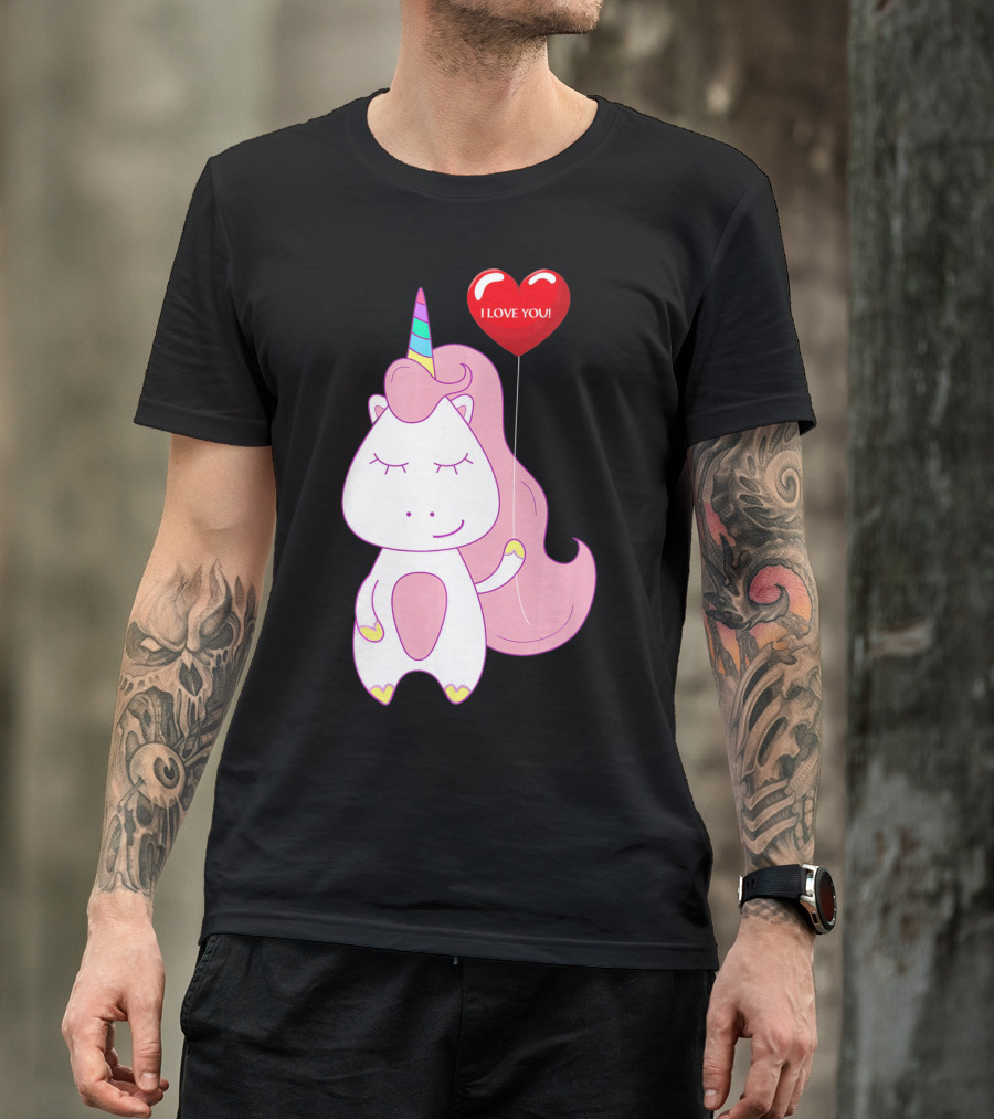 Unicorn Holding Heart Balloon With I Love You Message Valentine T-Shirt