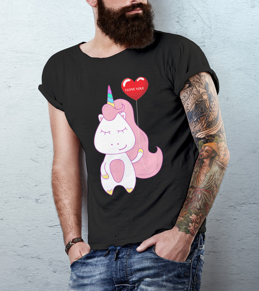 Unicorn Holding Heart Balloon With I Love You Message Valentine T-Shirt