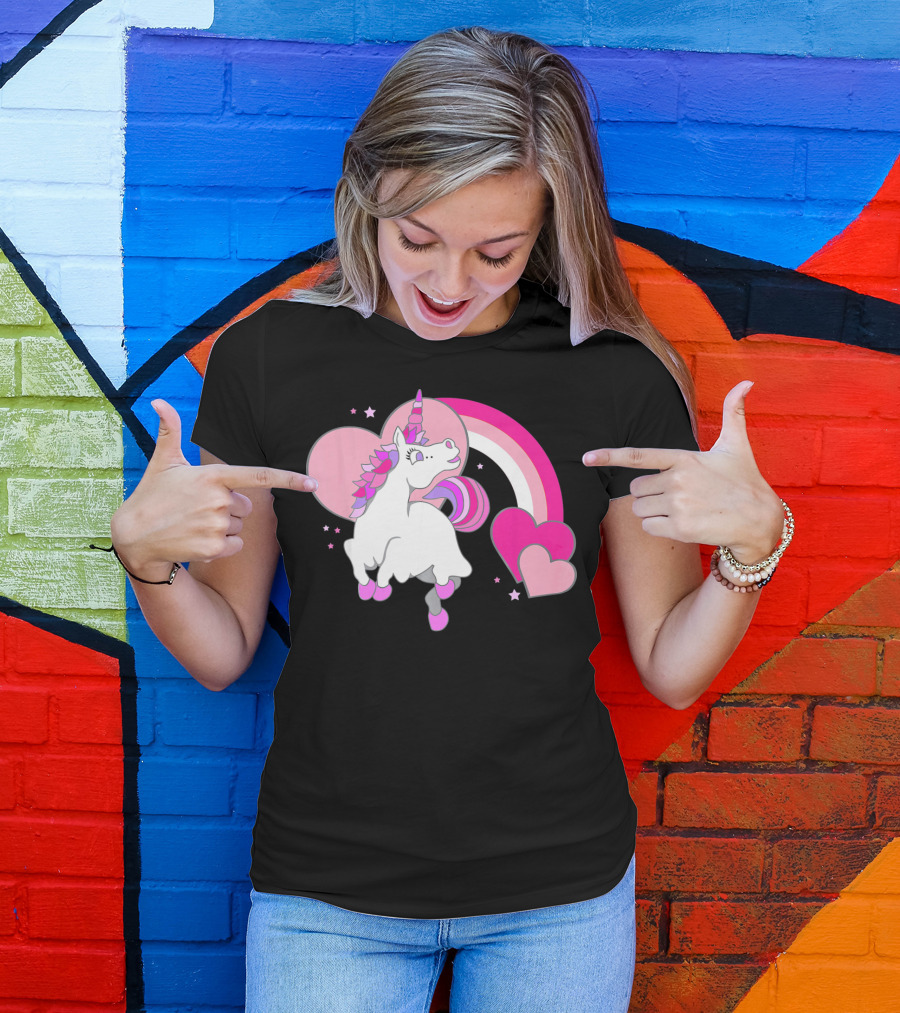 Unicorn Valentines Day Heart Rainbow Pink Stars T-Shirt