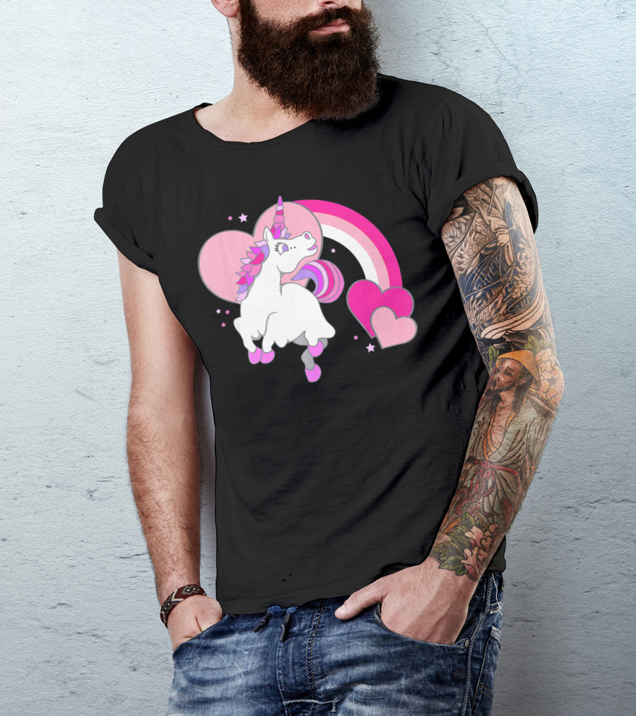 Unicorn Valentines Day Heart Rainbow Pink Stars T-Shirt