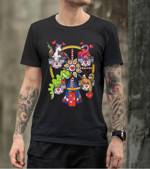 Unicorn Rex Dinosaur Sloth Flamingo Ferris Wheel Love Hearts T-Shirt