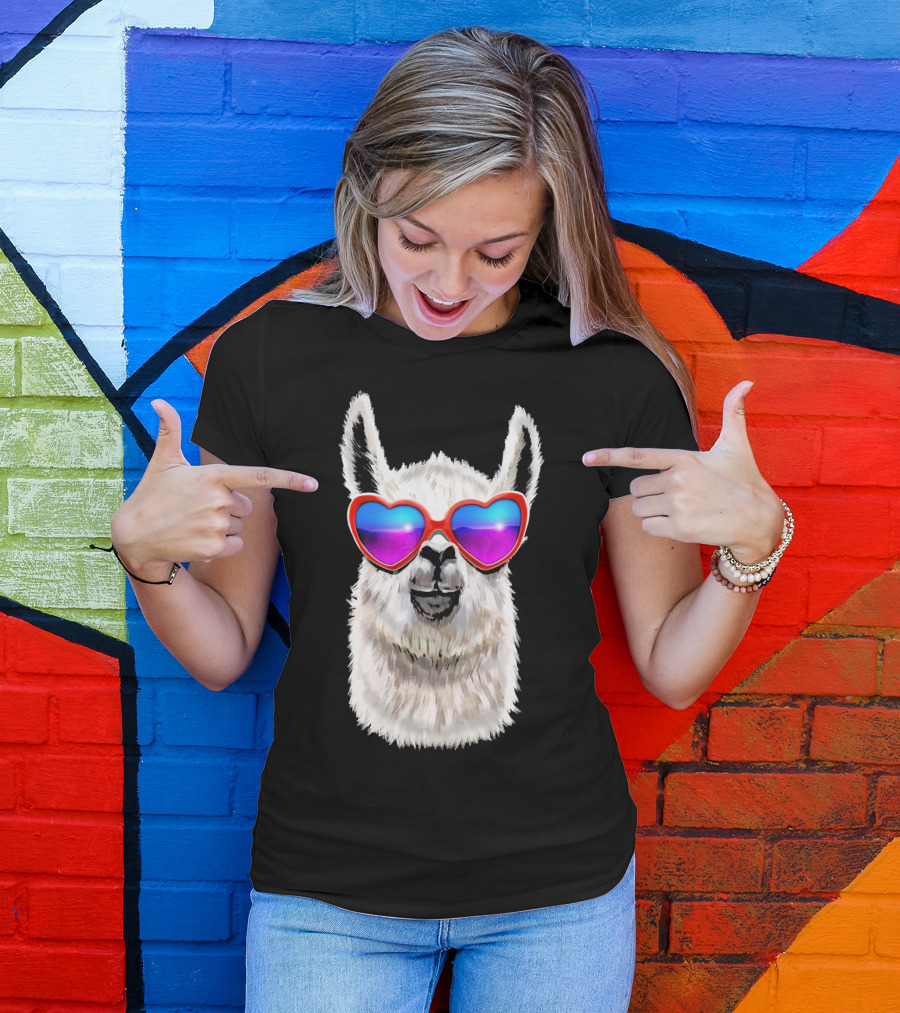 Llama Valentine's Day Heart Sunglasses Fashion T-Shirt