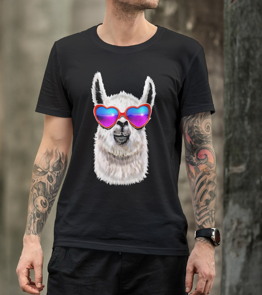 Llama Valentine's Day Heart Sunglasses Fashion T-Shirt