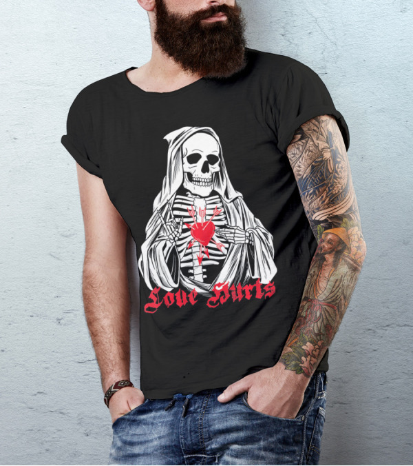 Love Hurts Grim Reaper Skull Heart Arrows Death T-Shirt