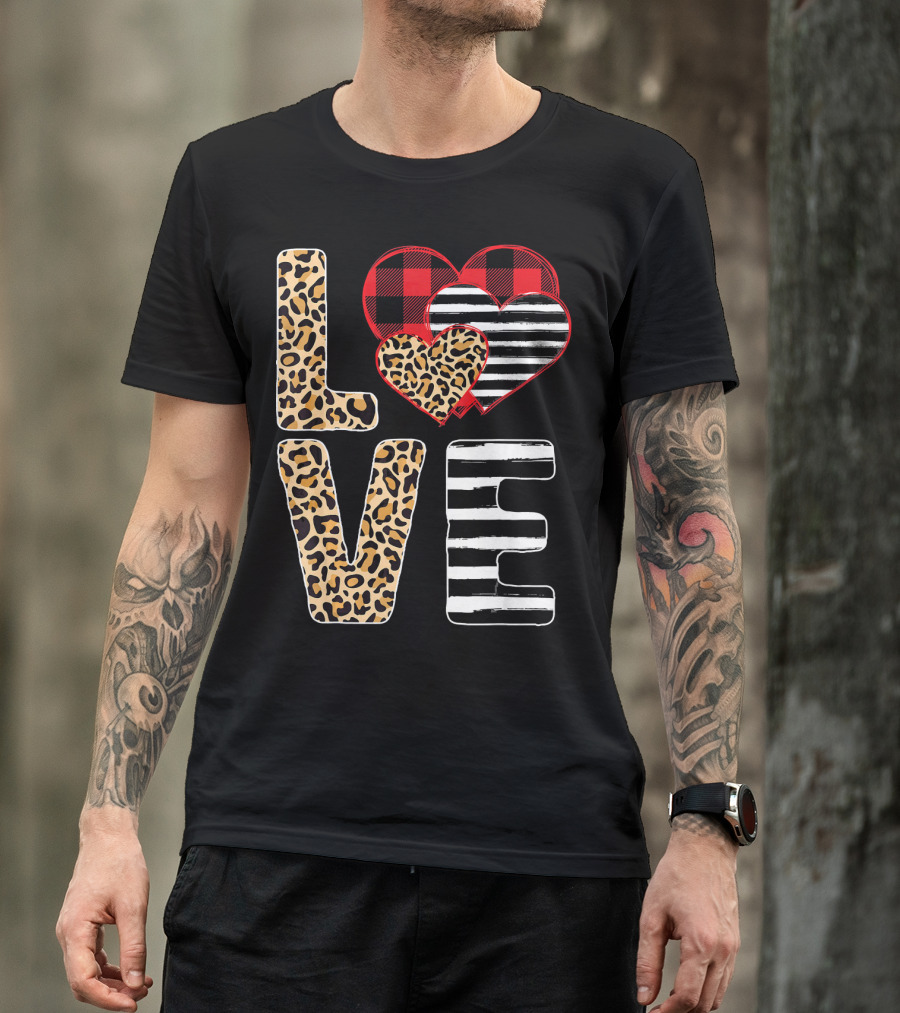 Love Valentines Day Hearts Leopard Buffalo Plaid Stripe T-Shirt