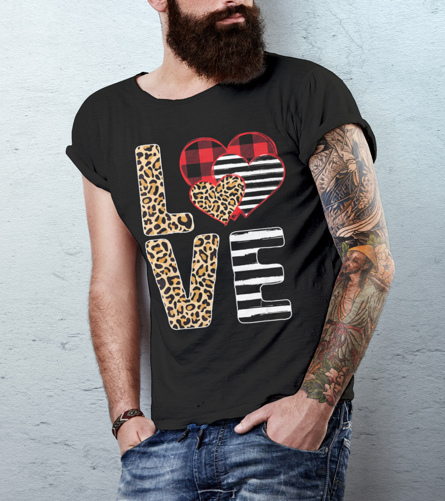 Love Valentines Day Hearts Leopard Buffalo Plaid Stripe T-Shirt
