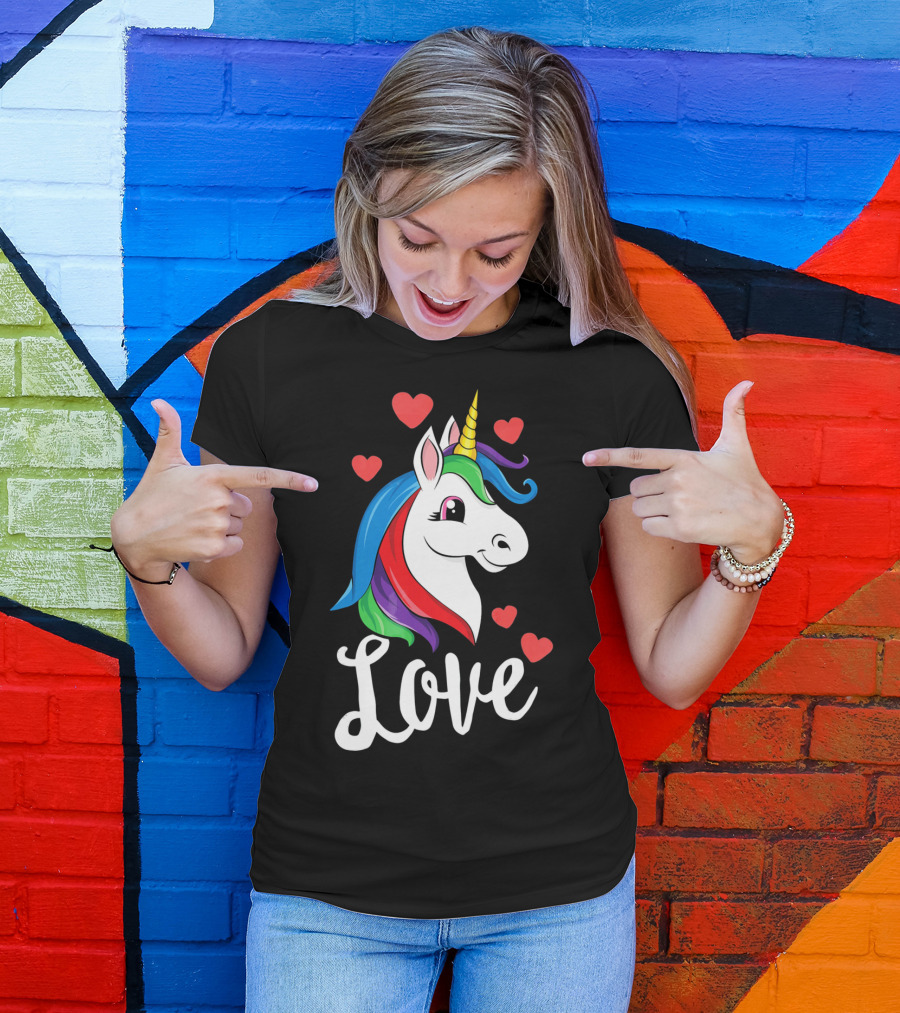 Love Unicorn With Hearts Valentines Day T-Shirt