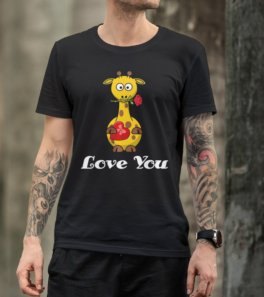Love You Cute Giraffe Holding Rose And Heart Valentine T-Shirt