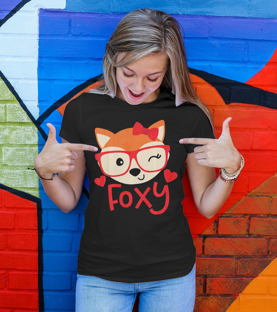 Foxy Cute Winking Fox With Glasses And Bow Valentine Hearts T-Shirt