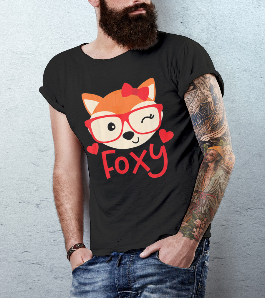 Foxy Cute Winking Fox With Glasses And Bow Valentine Hearts T-Shirt