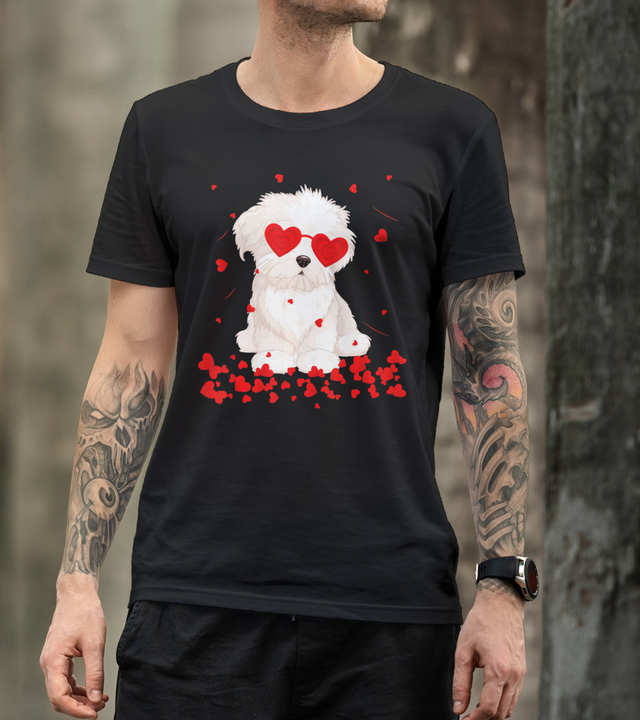 Maltese Dog With Heart Glasses Surrounded By Valentine Hearts T-Shirt