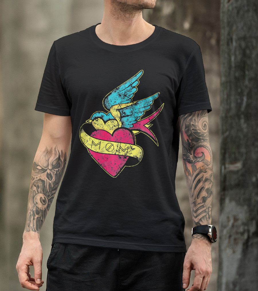 Mom Heart With Blue Bird Vintage Tattoo Valentines T-Shirt