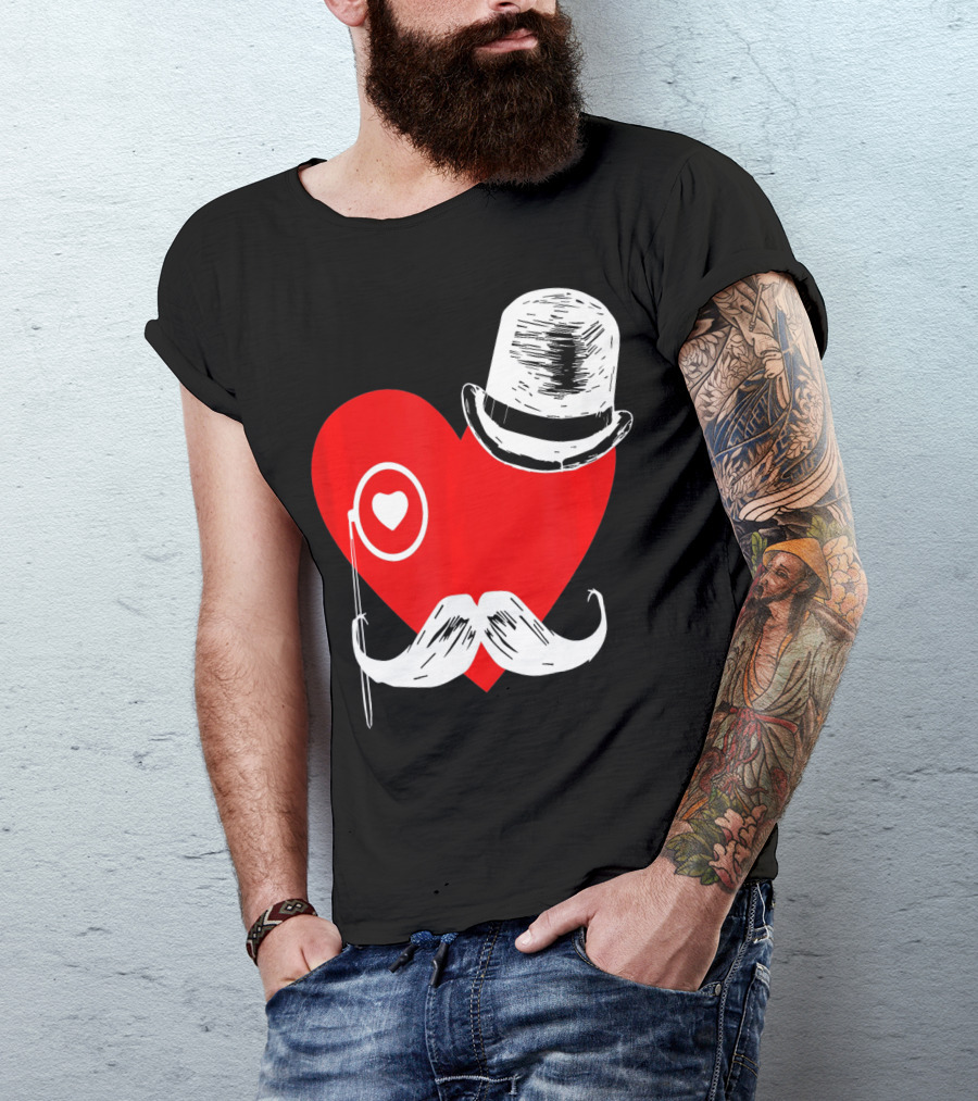 Heart Mustache Monocle Top Hat Valentines Day T-Shirt