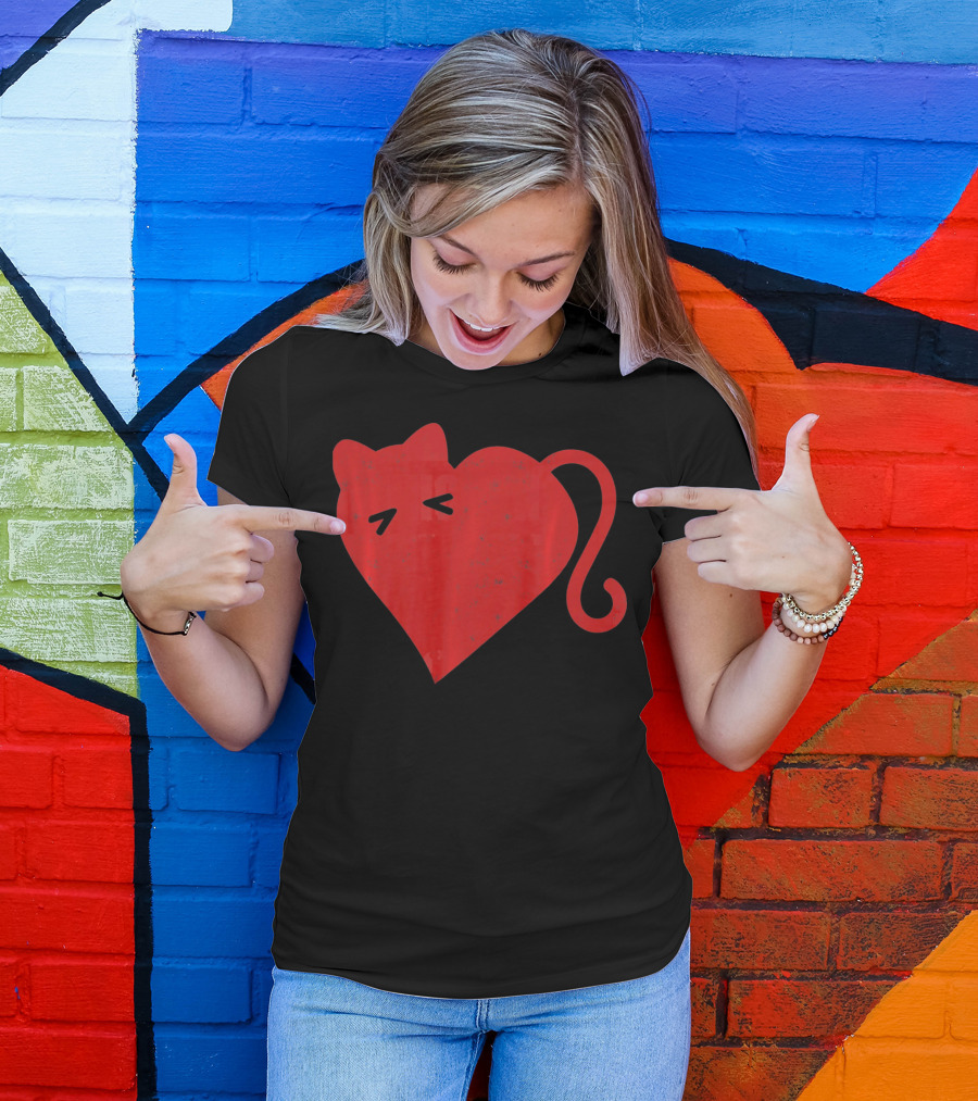 My Cat Is My Valentine Red Heart Distressed Cat Face Tail T-Shirt