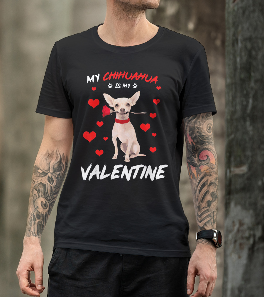 My Chihuahua Is My Valentine Raining Hearts Red Rose T-Shirt