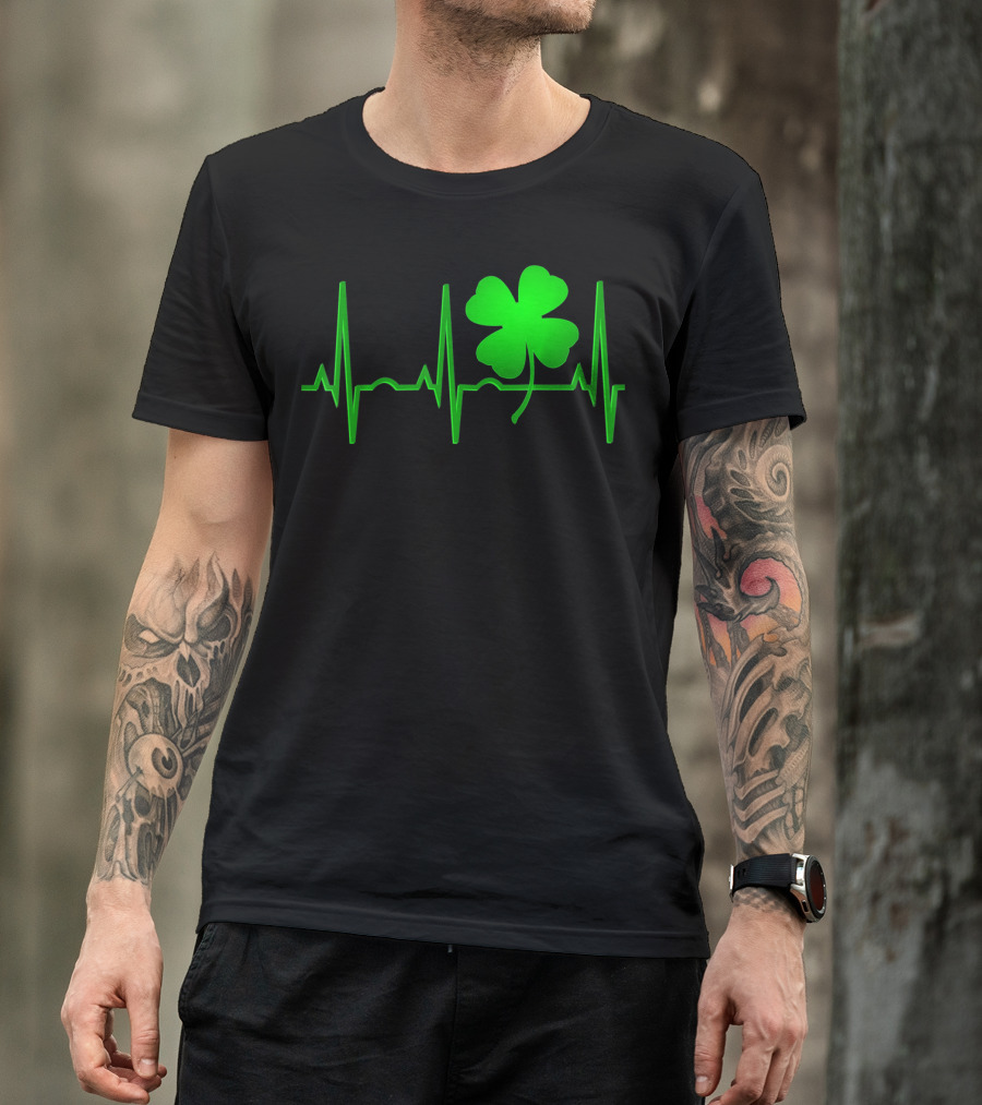 St Patricks Day Irish Shamrock Heartbeat EKG T-Shirt