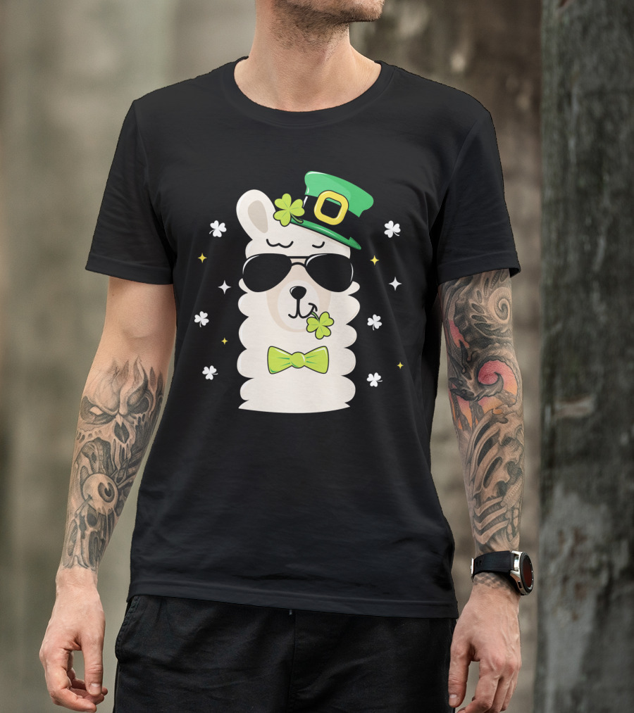 Llama Leprechaun Kids St Patricks Day Clover Hat Sunglasses Bow Tie T-Shirt