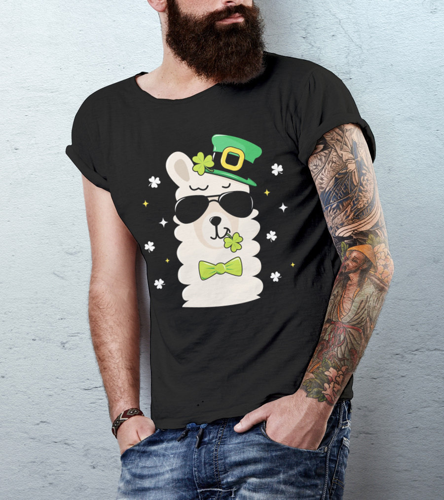 Llama Leprechaun Kids St Patricks Day Clover Hat Sunglasses Bow Tie T-Shirt
