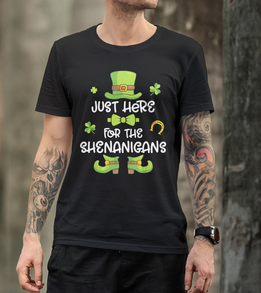 Just Here For The Shenanigans Leprechaun Dance Shamrock Gold T-Shirt