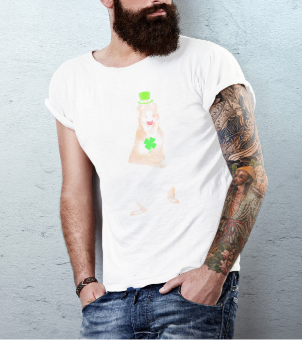 Irish Wolfhound In Pocket With Green Hat And Shamrock T-Shirt