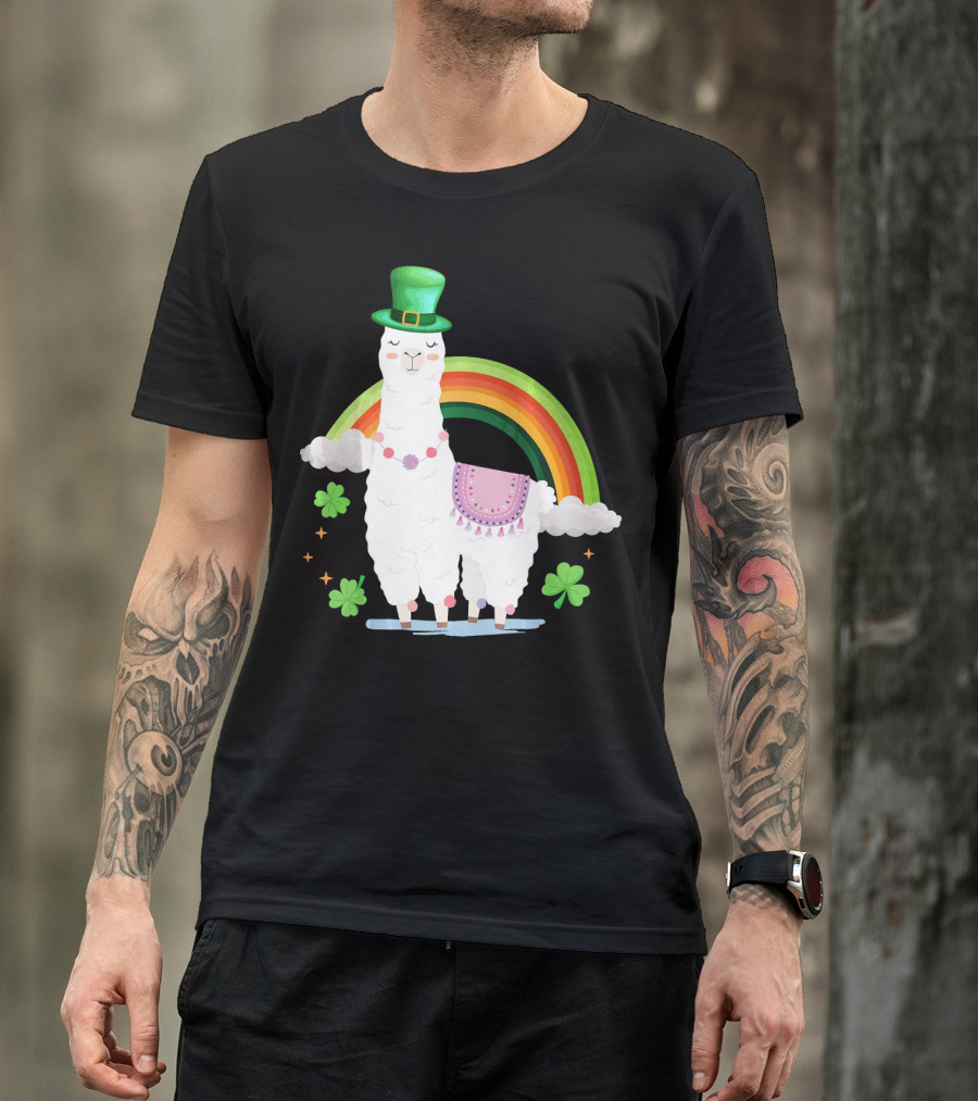 Llama St Patricks Day Rainbow Leprechaun Hat With Shamrocks T-Shirt