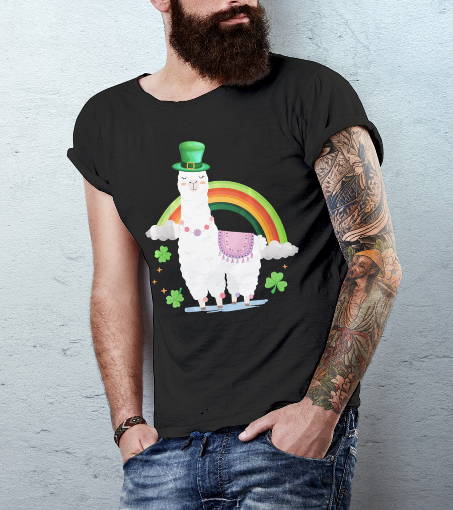 Llama St Patricks Day Rainbow Leprechaun Hat With Shamrocks T-Shirt