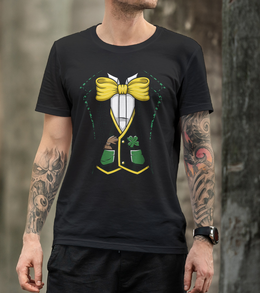 Leprechaun Costume Green Suit With Yellow Bow Tie And Shamrock Details T-Shirt