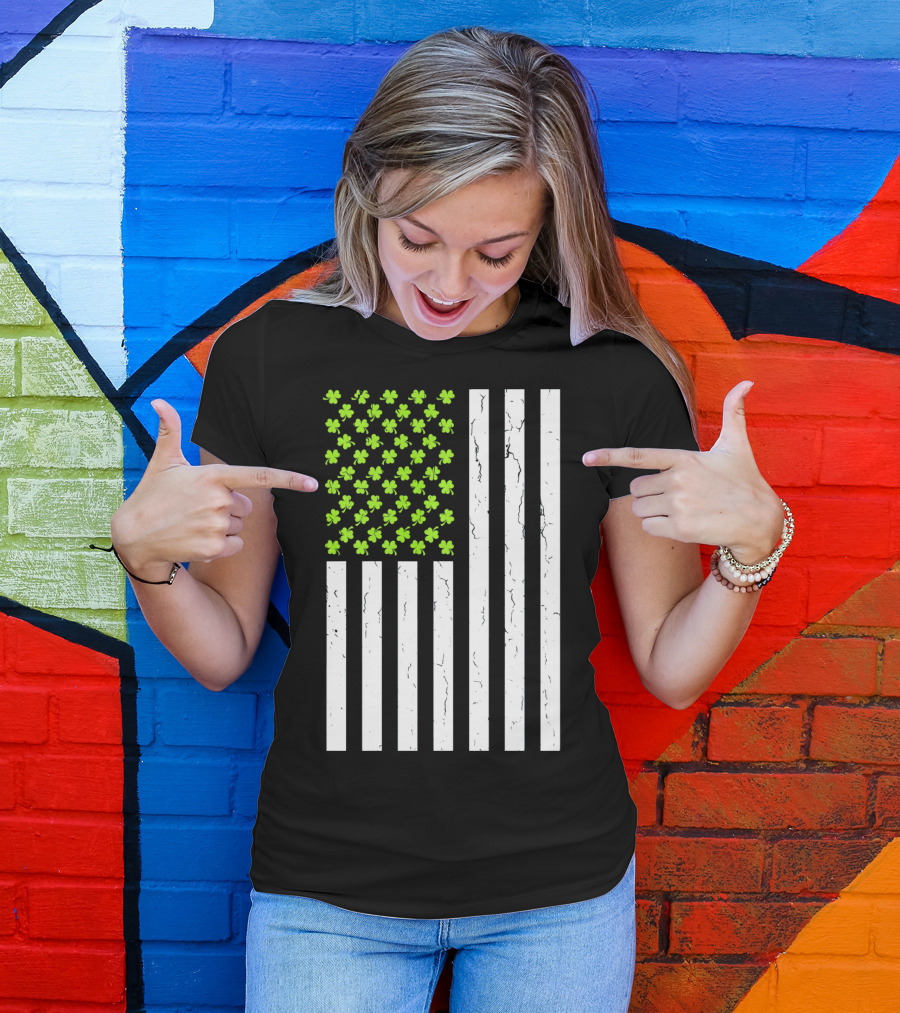 St Patricksday Shamrock American Flag T-Shirt