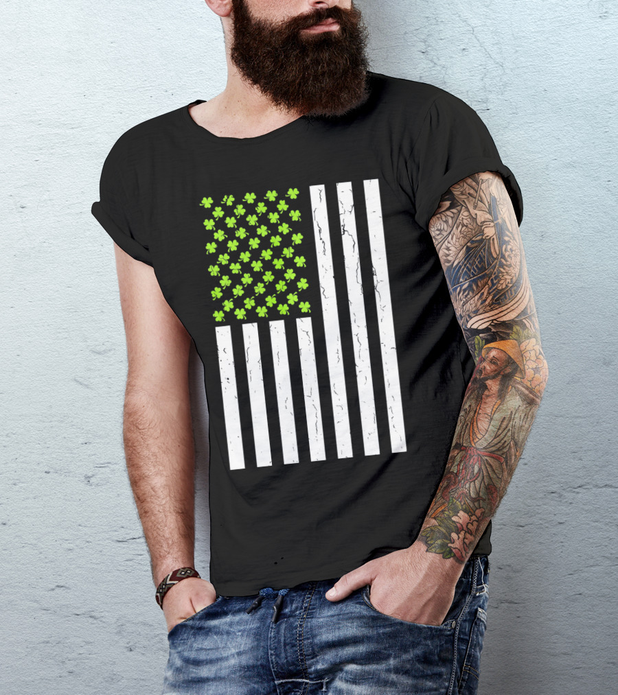 St Patricksday Shamrock American Flag T-Shirt