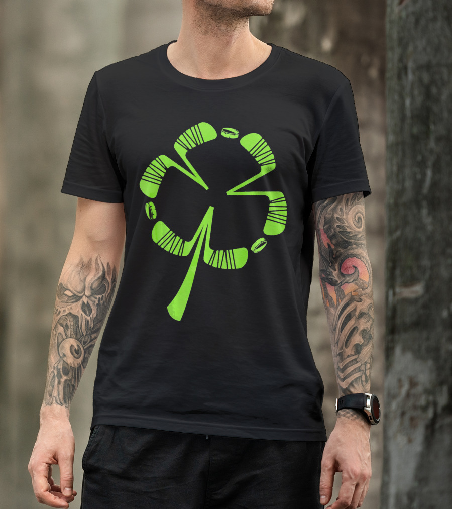 Ice Hockey Shamrock Saint Patrick's Day Hat Stick Puck Clover T-Shirt