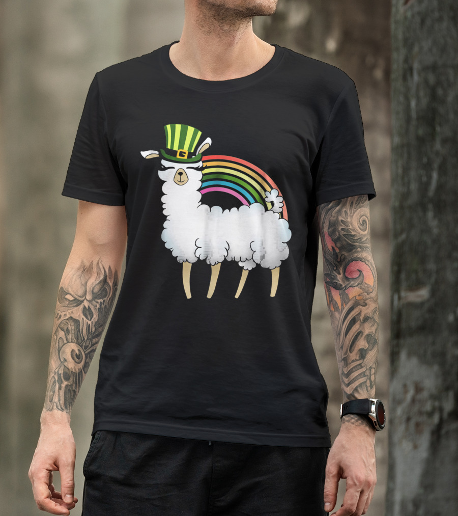 Llama In St Patrick's Day Hat With Rainbow T-Shirt