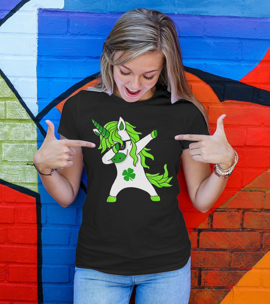 Mens Womens Dabbing Unicorn With Green Shamrock And Hair T-Shirt