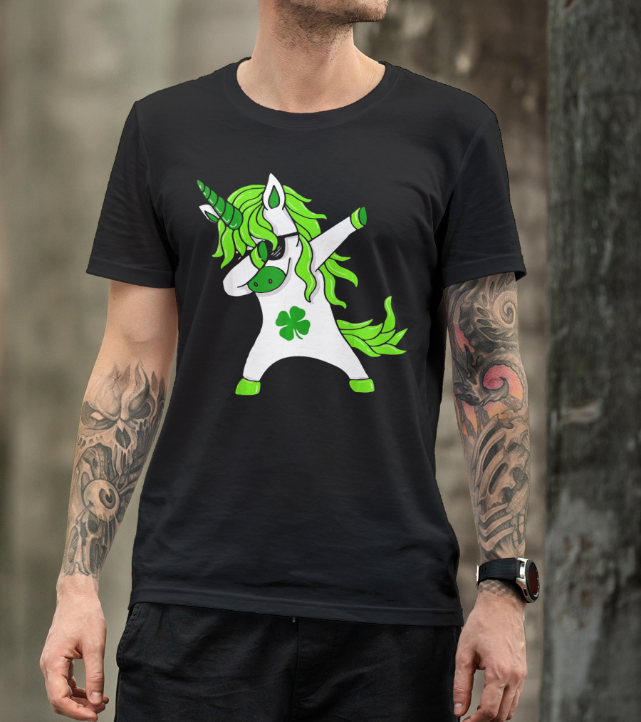 Mens Womens Dabbing Unicorn With Green Shamrock And Hair T-Shirt