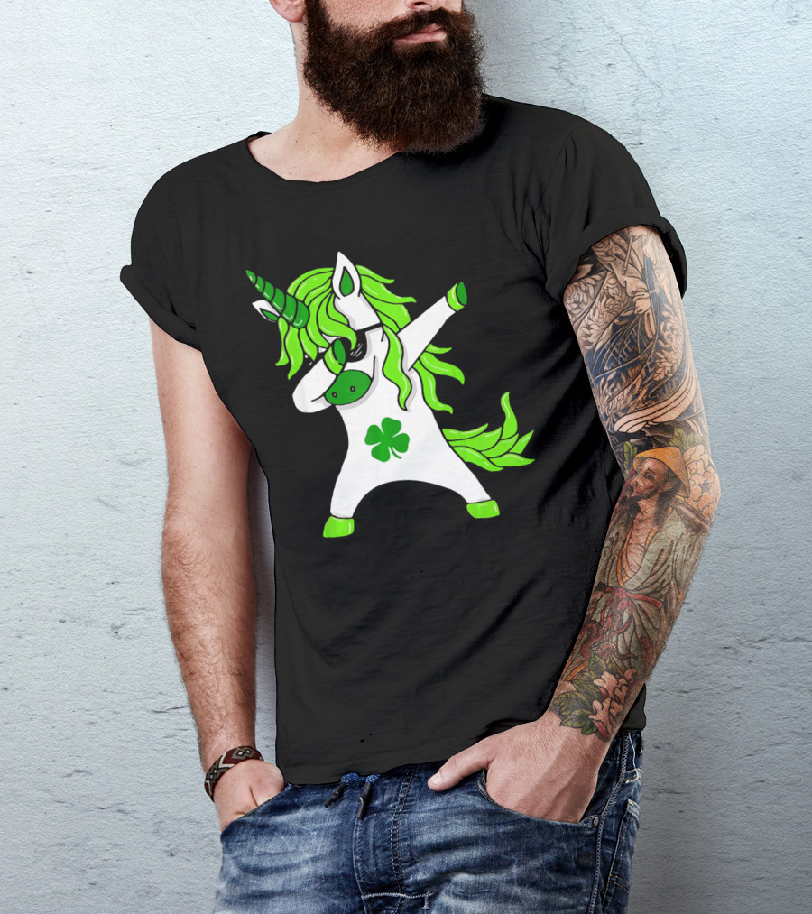 Mens Womens Dabbing Unicorn With Green Shamrock And Hair T-Shirt