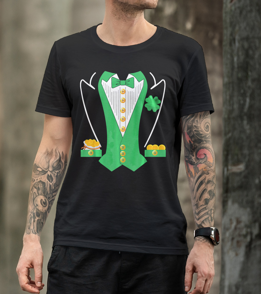 Leprechaun Costume Girl Green Suit Bow Tie Clover Gold Coins T-Shirt