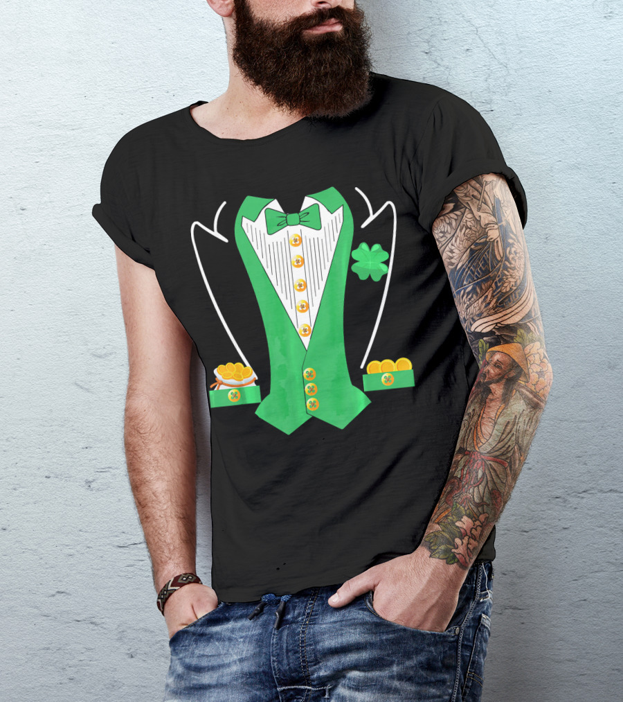 Leprechaun Costume Girl Green Suit Bow Tie Clover Gold Coins T-Shirt