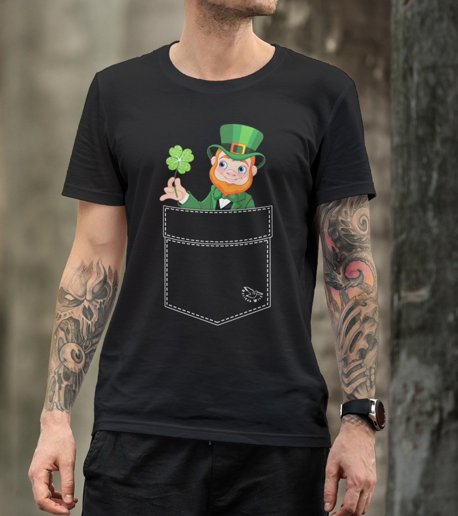 Leprechaun Holding Shamrock In Pocket Long Sleeve T-Shirt