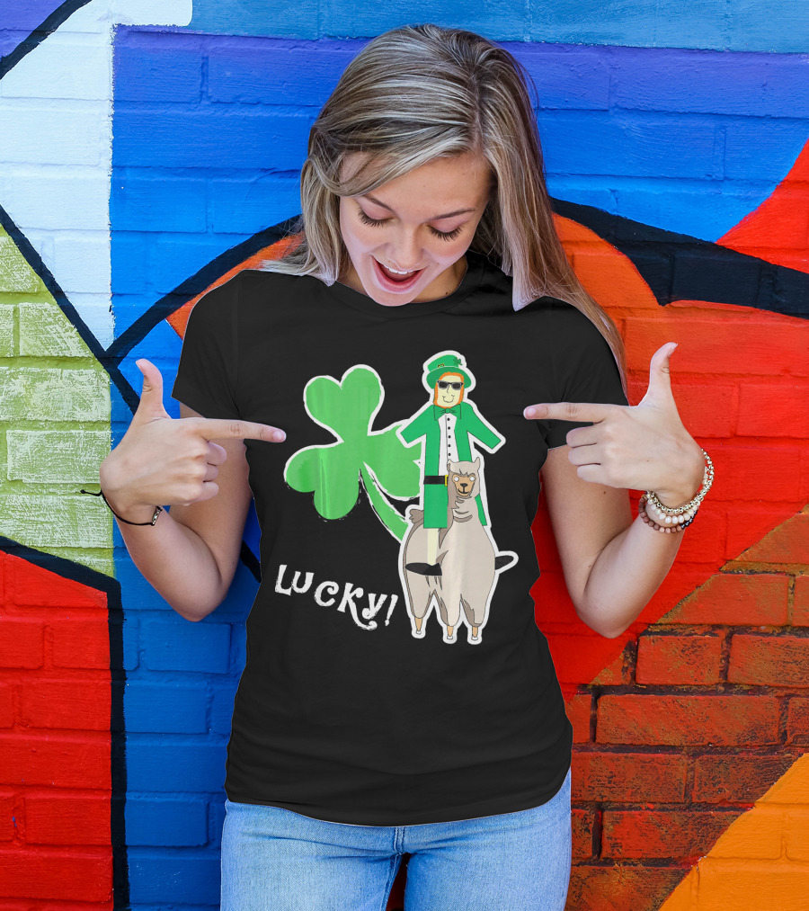 Lucky Leprechaun Riding Llama With Shamrock Irish T-Shirt
