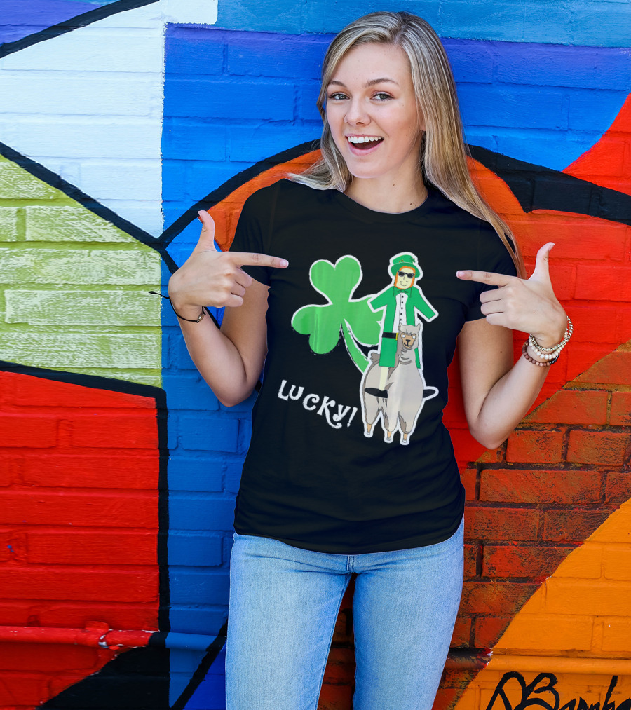 Lucky Leprechaun Riding Llama With Shamrock Irish T-Shirt
