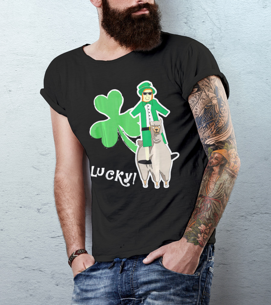 Lucky Leprechaun Riding Llama With Shamrock Irish T-Shirt