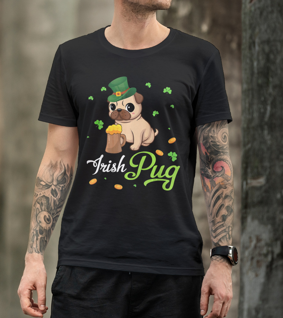 Irish Pug Shamrocks Hat Beer Coins T-Shirt