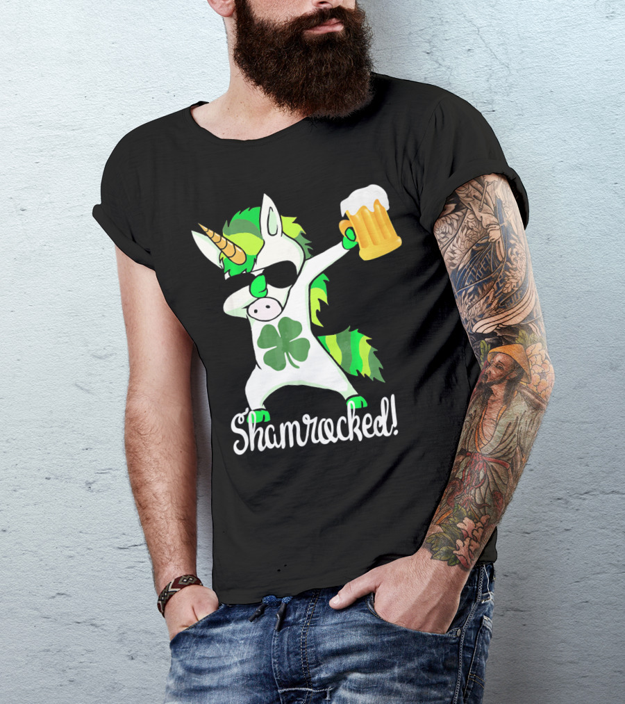 Shamrocked Funny St. Patrick's Day Unicorn With Beer Mug T-Shirt