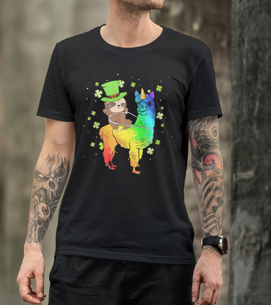 Leprechaun Sloth Riding Rainbow Llama Unicorn St Patrick's Clover T-Shirt