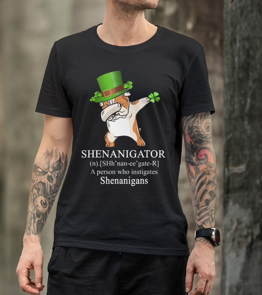 Shenanigator Dabbing Bulldog Instigates Shenanigans With Shamrock Hat T-Shirt